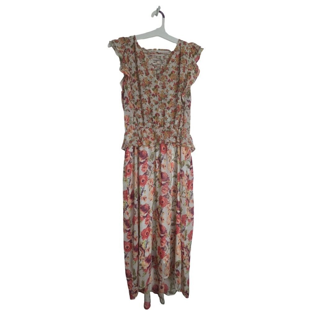 fig and flower Cream Floral Asymmetrical Maxi Dress